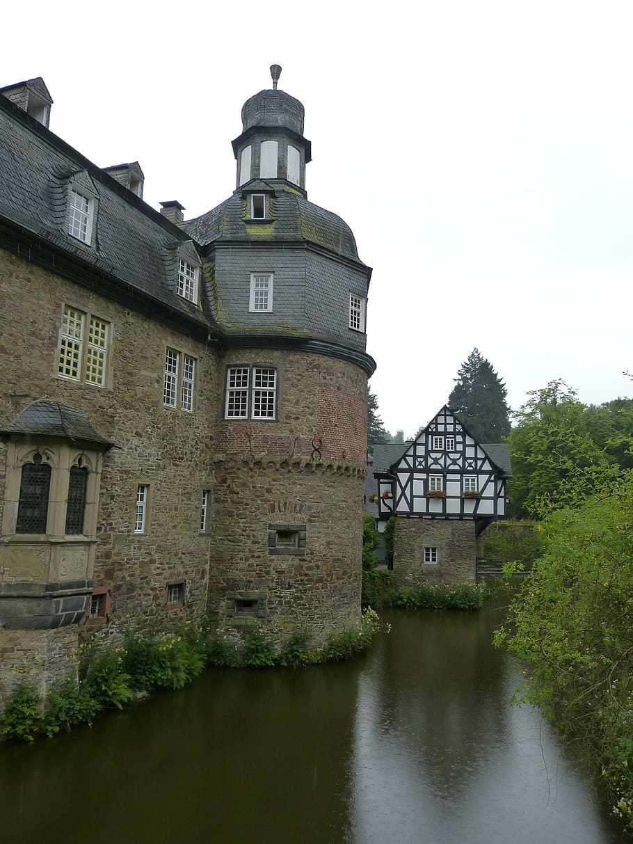 crottorf, castle, moated castle, architecture, romance, water HD wallpaper