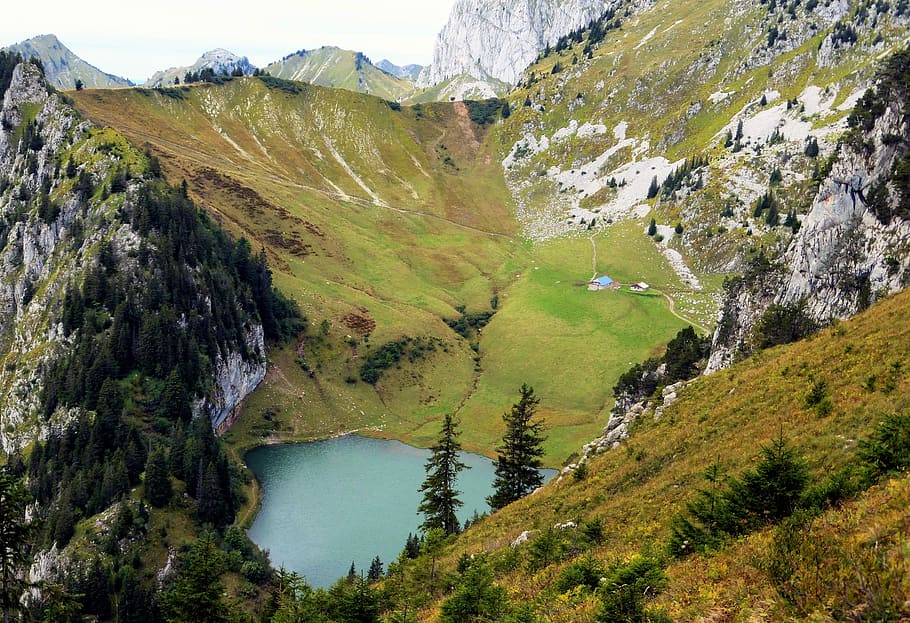 mountain range, nature, france, alps, haute savoie, lake, landscape, HD wallpaper