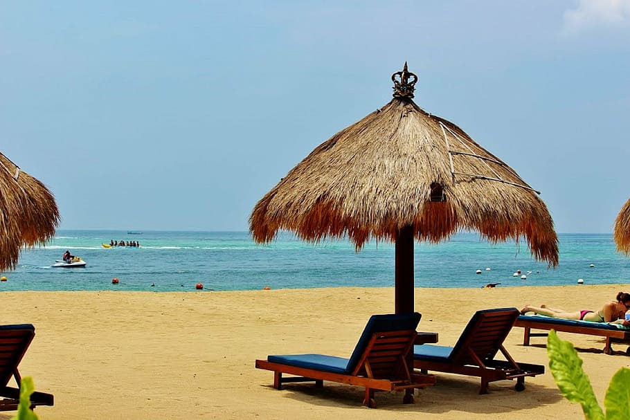 beach lounge with hut, bali, indonesia, nusa dua, ocean, tropical island, HD wallpaper