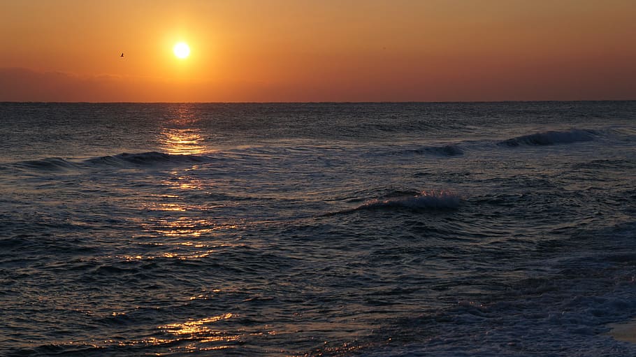 sea, glow, new, sunset, glow sea, island, evening glow, sky HD wallpaper