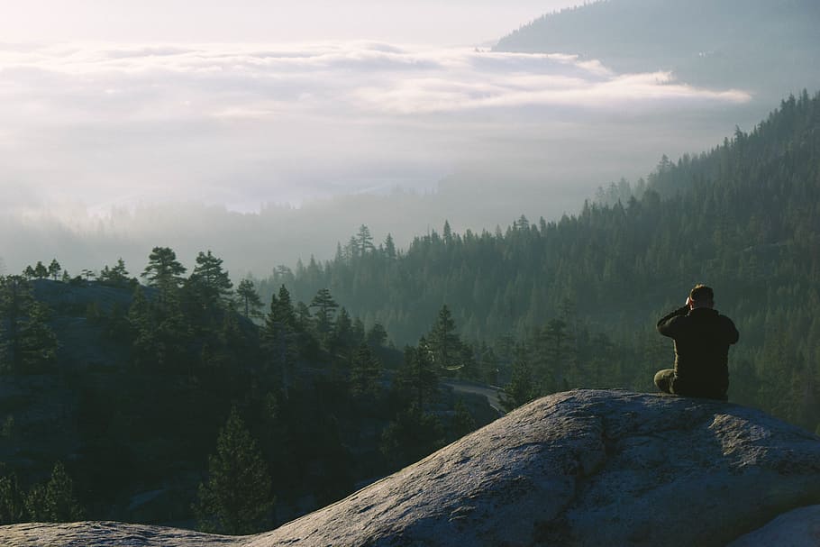 hiking, trekking, guy, man, people, landscape, mountains, trees HD wallpaper