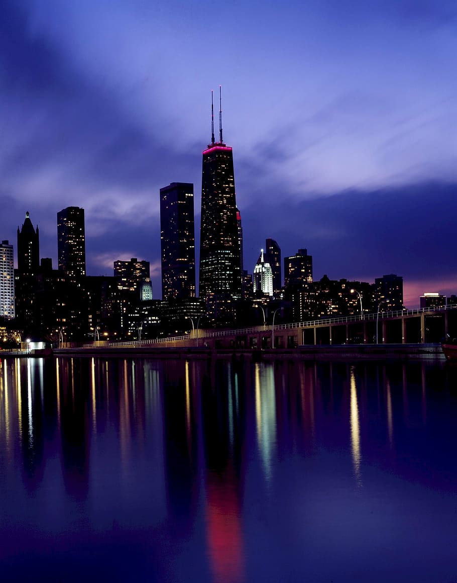 city during night, skyline, chicago, dusk, downtown, sears tower, HD wallpaper