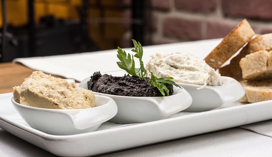 three white ceramic bowls, starters, olive paste, cuisine, food HD wallpaper
