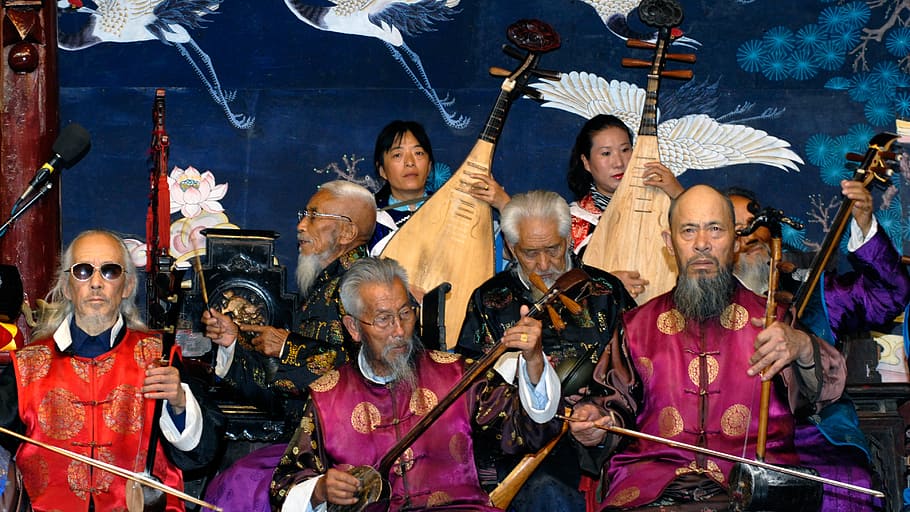 group of people playing instruments illustration, china, orchestra