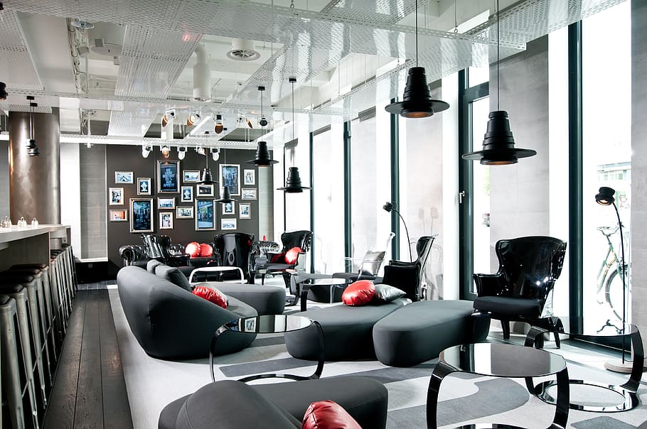 black chairs and sofa near table, berlin, hotel, alexanderplatz, HD wallpaper