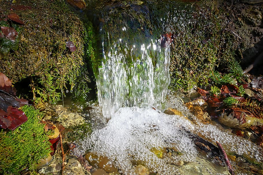 nature, waters, river, waterfall, leaf, bach, motion, flowing water HD wallpaper