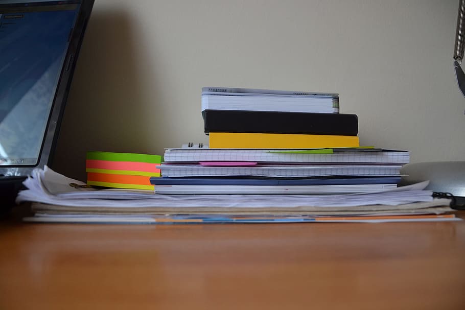 assorted-color book lot, papers, books, notebooks, pads, supplies HD wallpaper