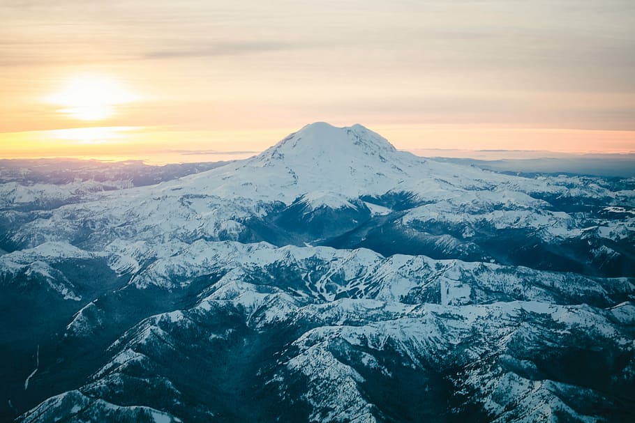 aerial photography of snow-capped mountain, sky, rocks, hiking HD wallpaper