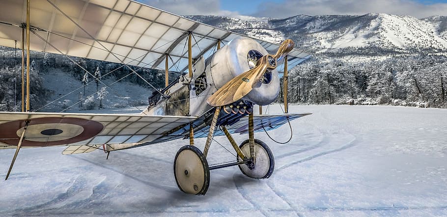 gray monoplane on show mountain, bi plane, aircraft, bi-plane, HD wallpaper