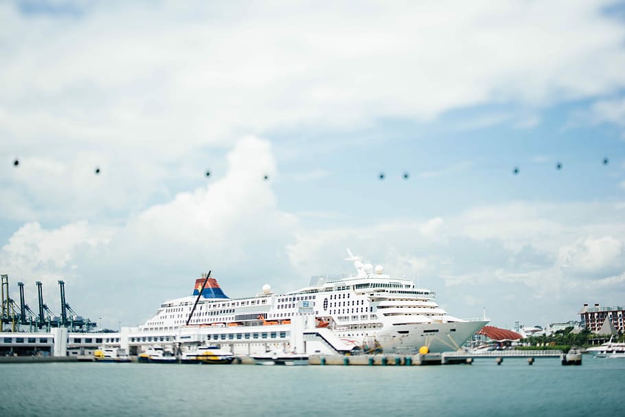 white cruise ship docking on blue bod of water under blue sky, white cruise ship on body of water