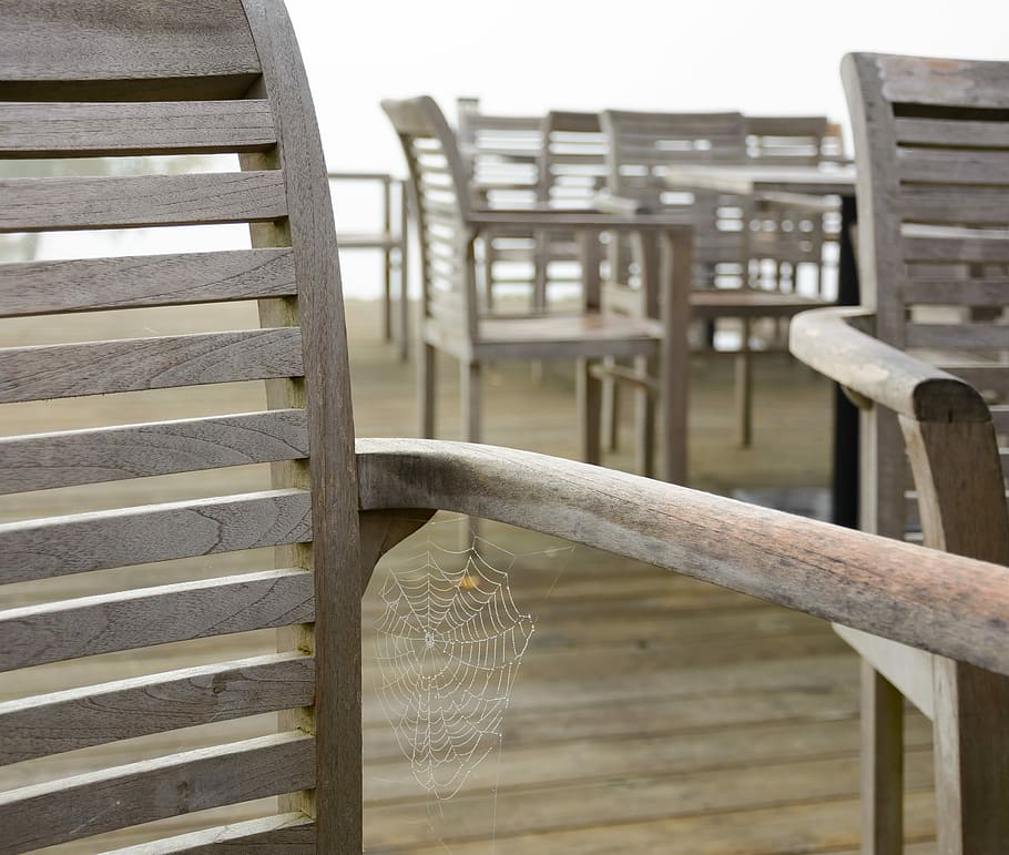 Chair with spider net, brown wooden armchair ahead, cobweb, decking HD wallpaper