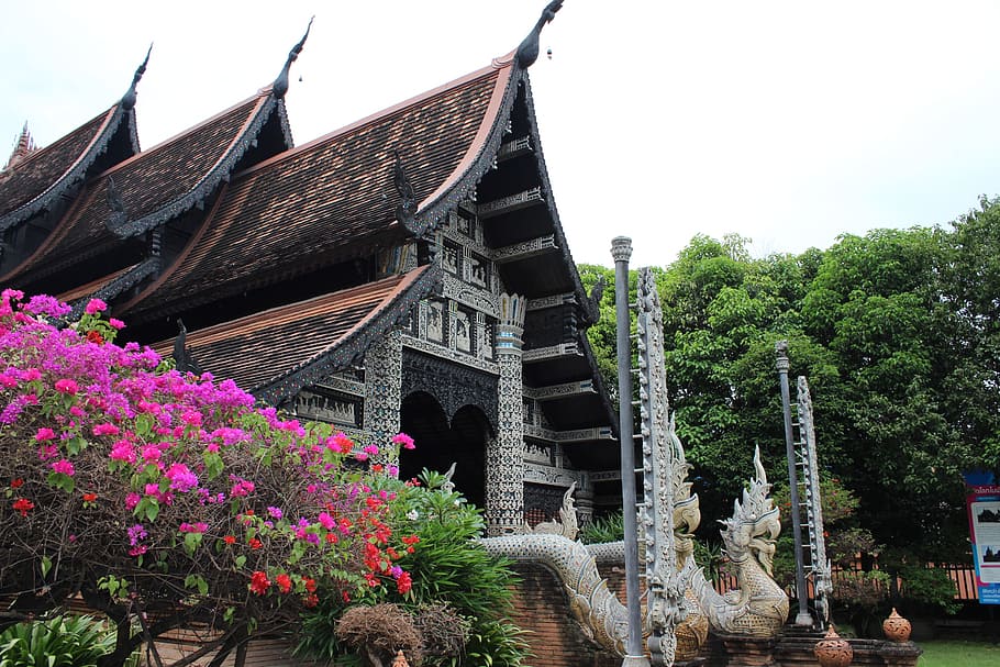 flowers, temple, tile, architecture, plant, built structure HD wallpaper