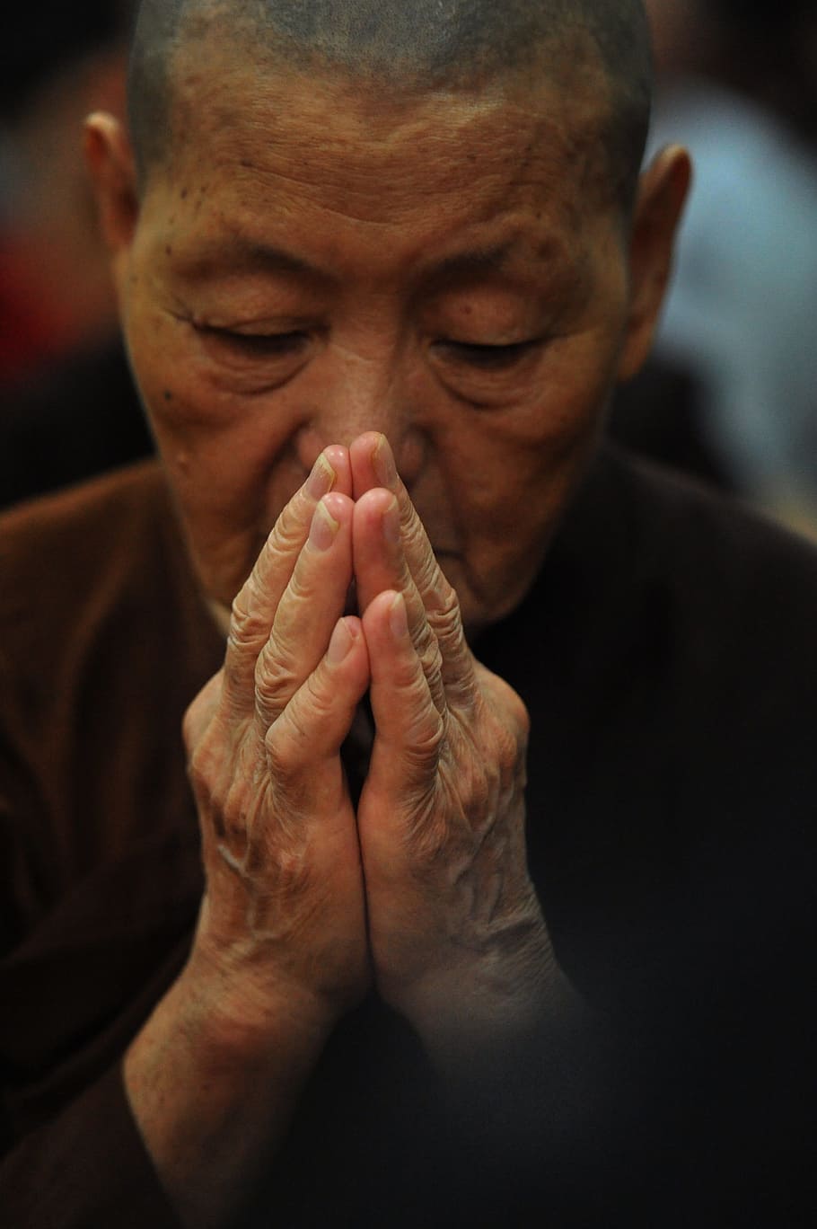 praying man wearing brown top in close-up photography, theravada buddhism, HD wallpaper