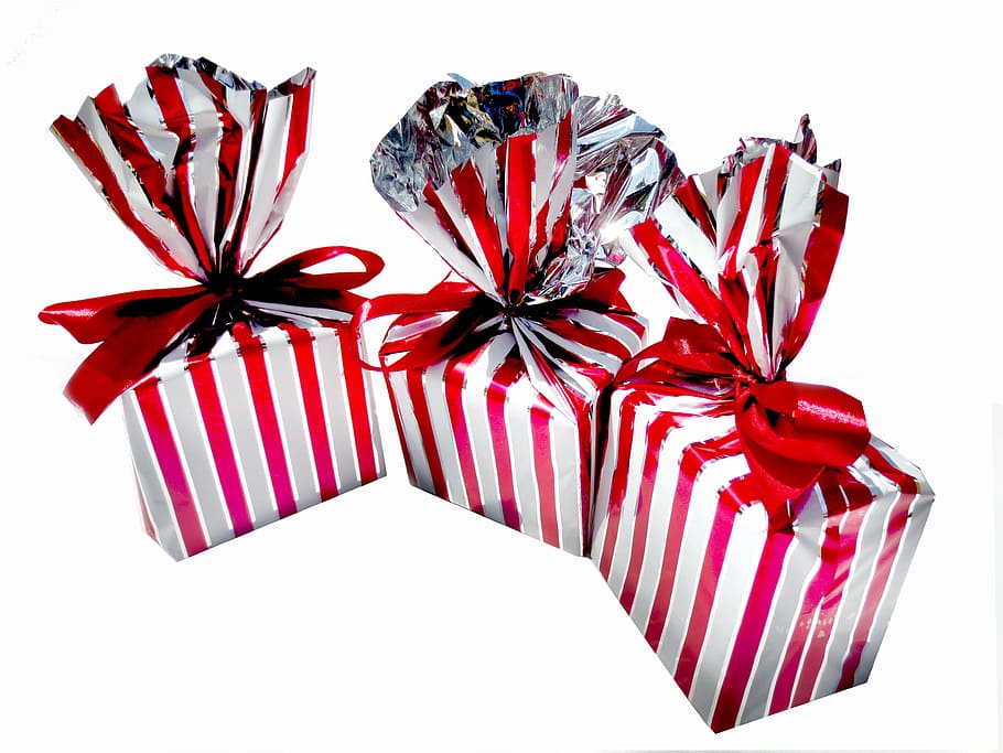 three red-and-white striped presents, gifts, wrapped, stripes HD wallpaper