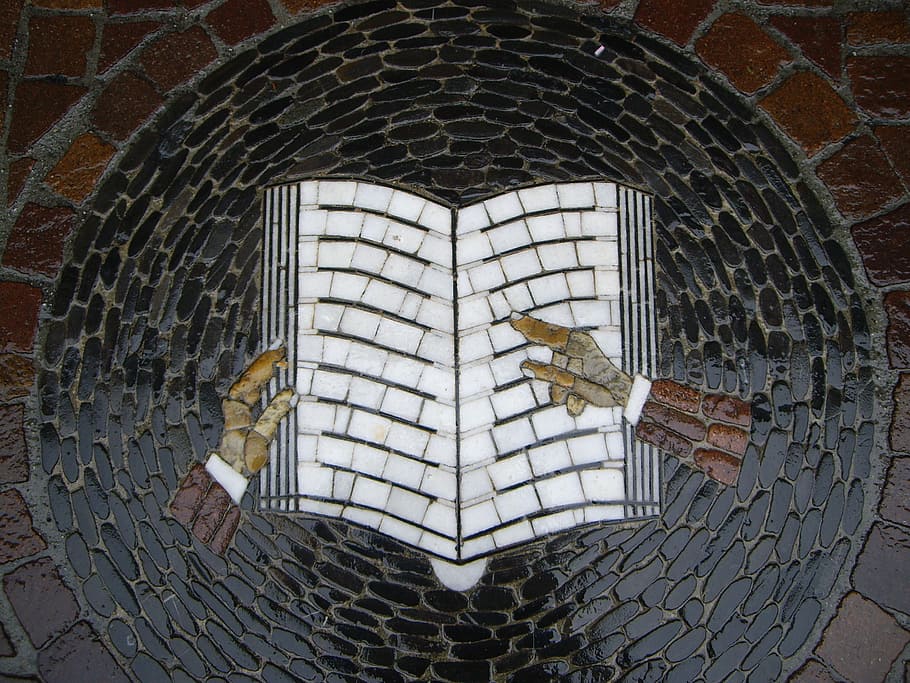mosaic, book, symbol, image, stone, book page, books, vertebrate HD wallpaper