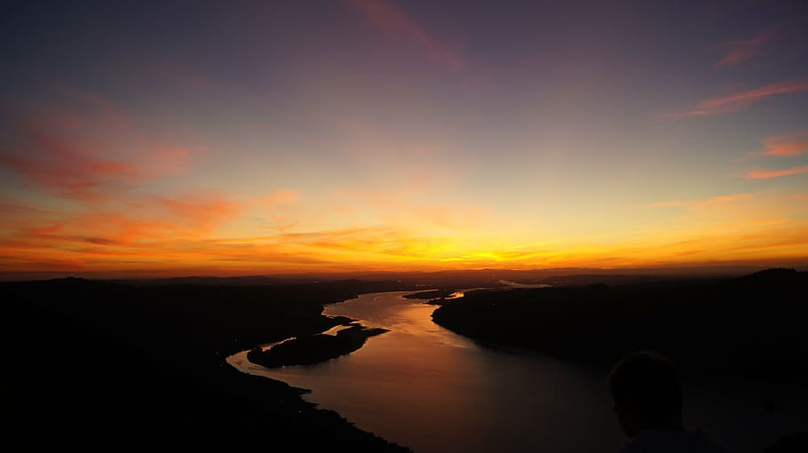 silhouette of river during golden hour, sunset, scenery, landscape HD wallpaper