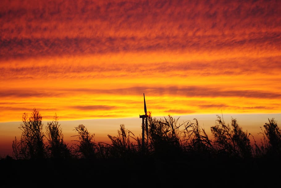 sunset, dawn, silhouette, twilight, a bird's eye view, orange color HD wallpaper