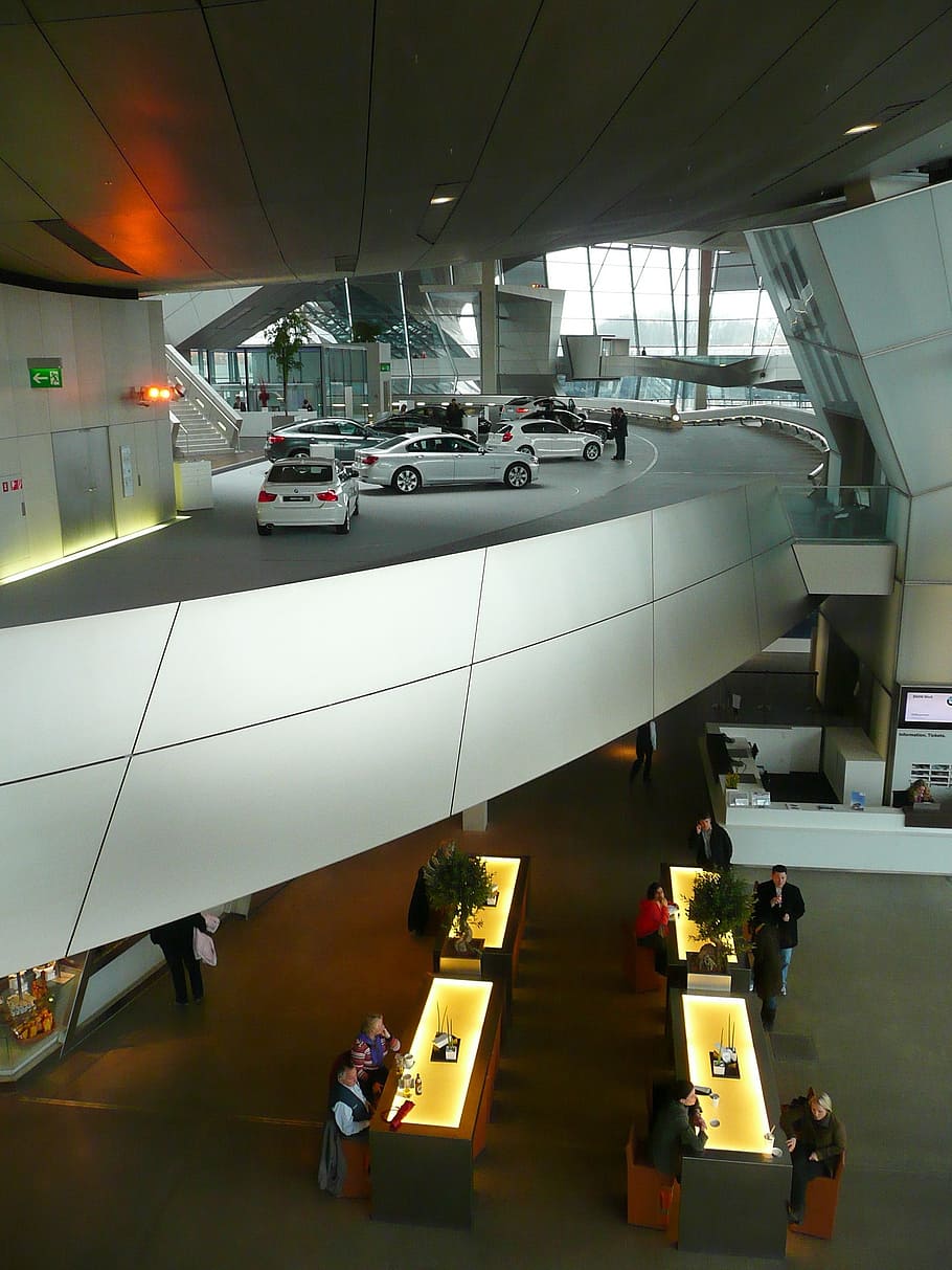 bmw museum, interior, hyper modern, daring architecture, building HD wallpaper
