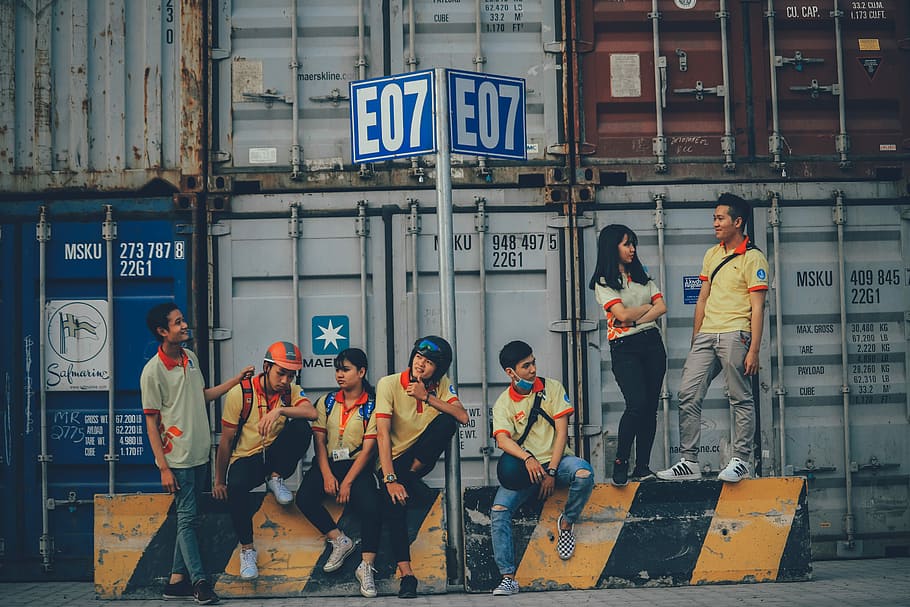 men and women near container, people, group, working, e07, countainer HD wallpaper