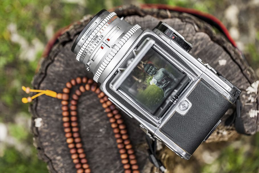 selective focus of gray DSLR camera captured Buddha statue, black and gray DSLR camera HD wallpaper