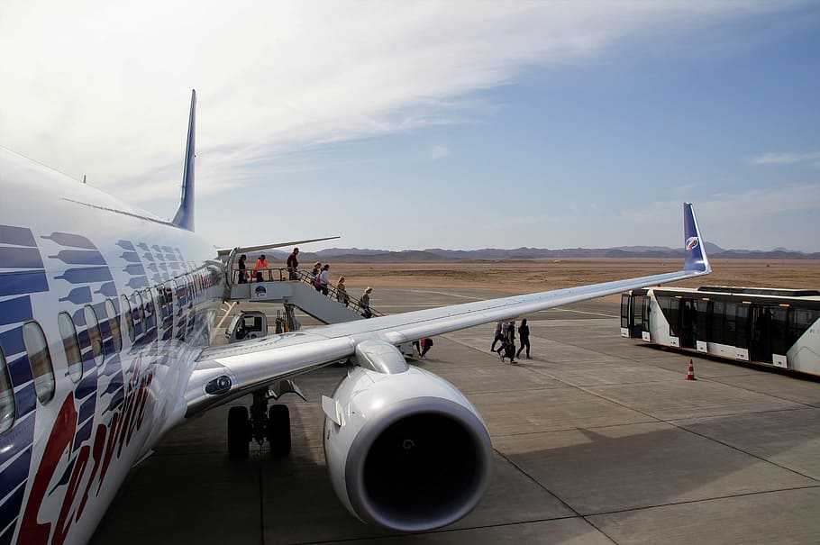 people walking downward the stair, aircraft, output, transfer HD wallpaper