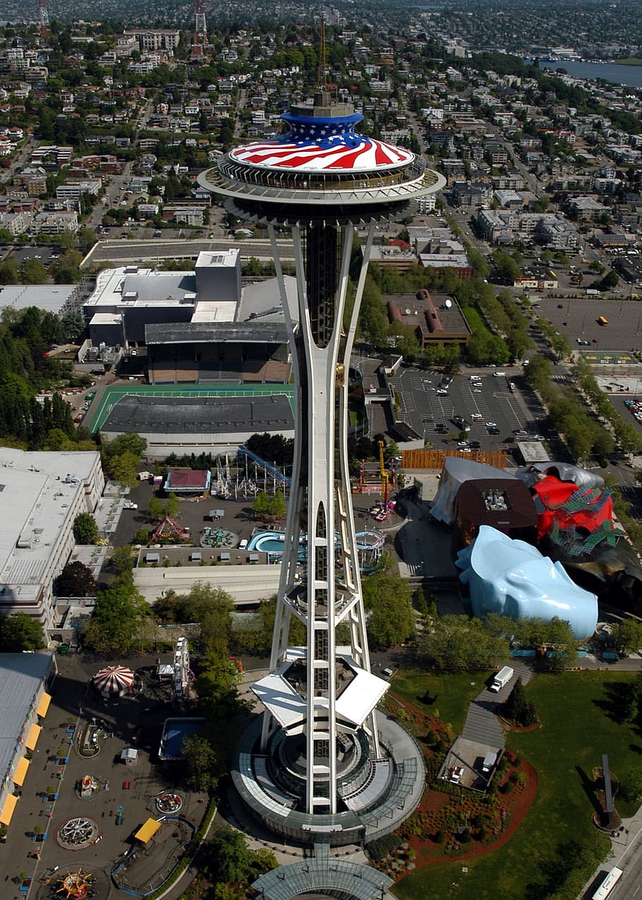 Seattle, Washington, Space Needle, Flag, memorial day, city HD wallpaper