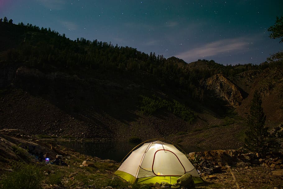 white camping tent near the hill, white and green tent distance with mountains and trees HD wallpaper