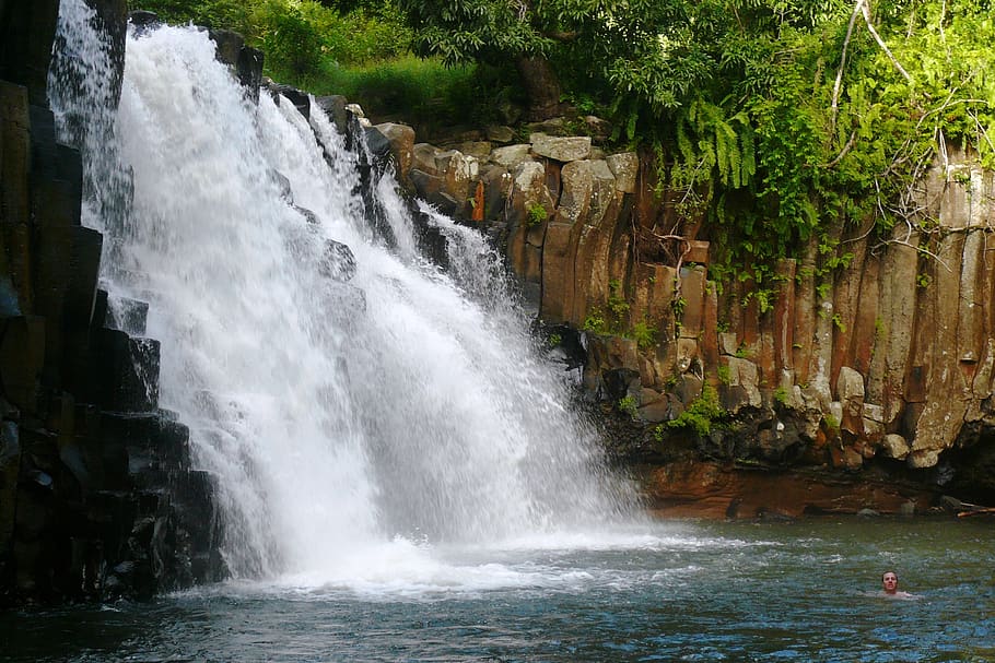 waterfall, mauritius, tropics, jungle, motion, beauty in nature, HD wallpaper