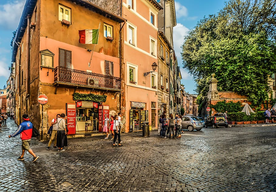 person walking on street, Trastevere, Rome, Roman, urban, italy, HD wallpaper