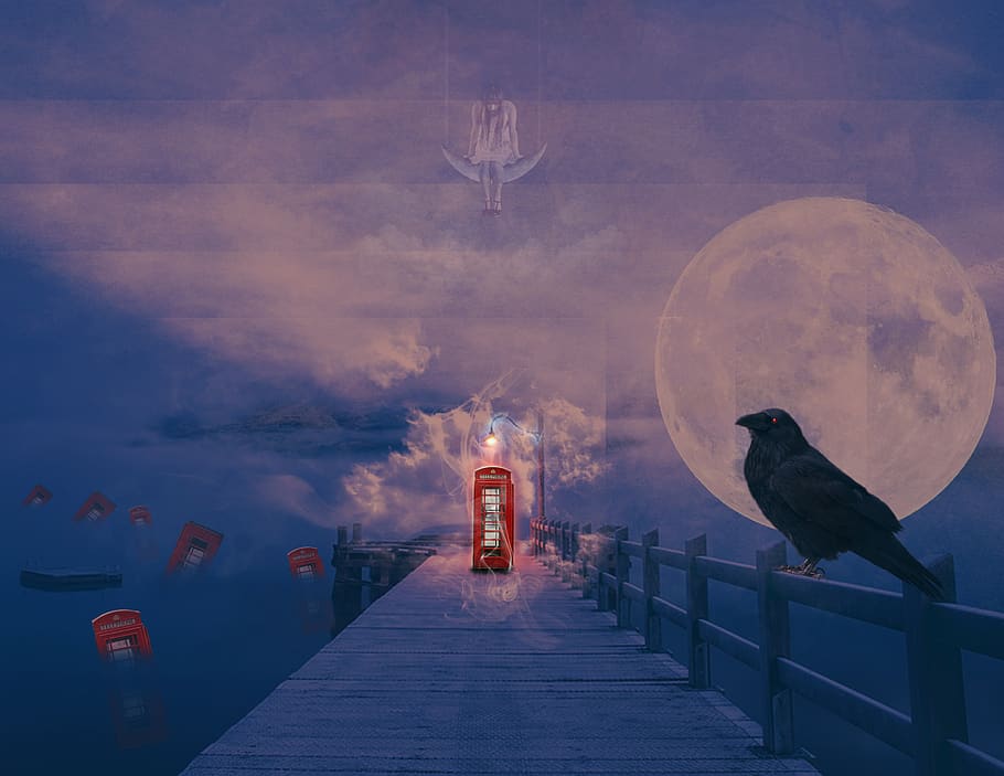telephone both, red, surrealism, raven, dark, girl swing, way to heaven, HD wallpaper
