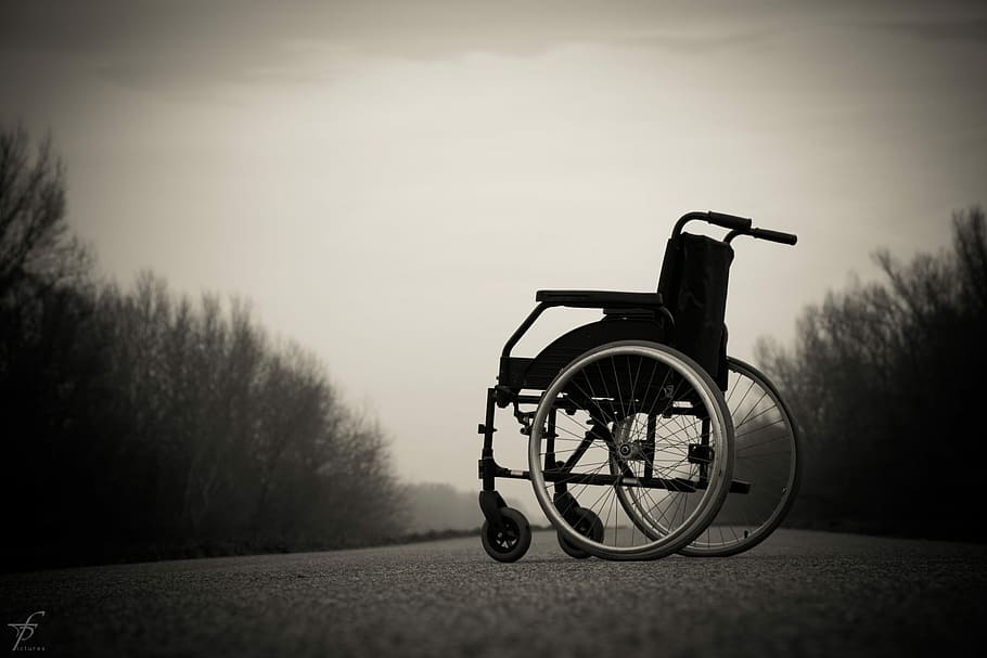 HD wallpaper: grayscale photography of wheel chair on road, wheelchair, lonely | Wallpaper Flare