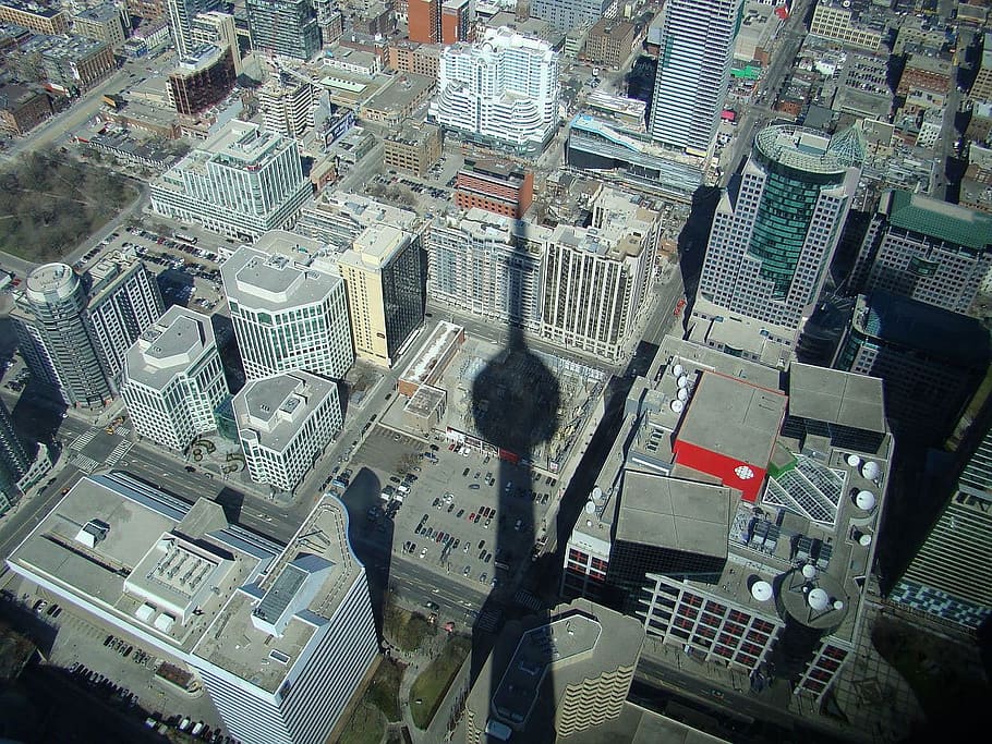 bird's eye view of buildings, shadow, cn tower, toronto, city HD wallpaper