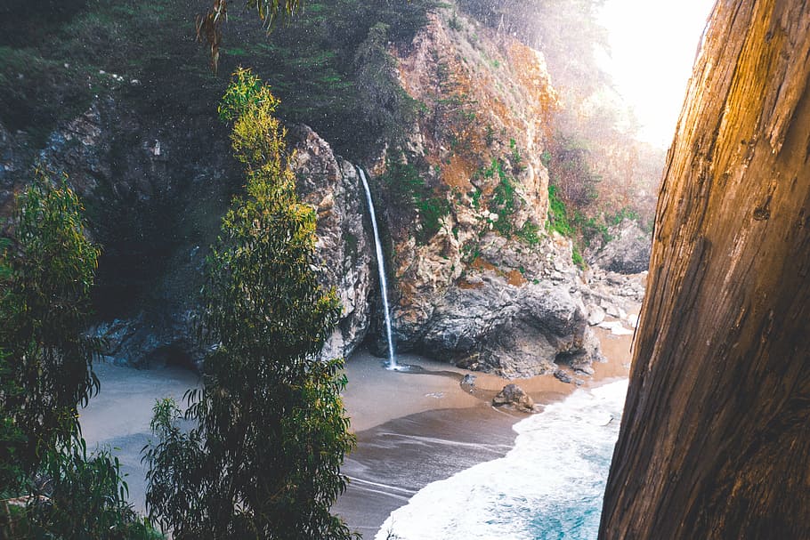 aerial photography of waterfalls, cliff, landscape, nature HD wallpaper