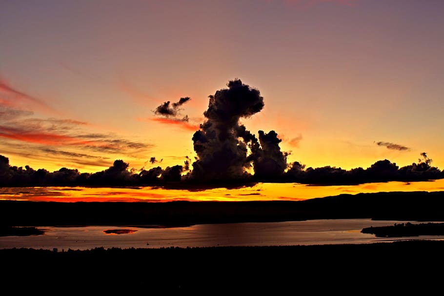Sunset, Clouds, Red, Orange, Yellow, landscape, night, water HD wallpaper