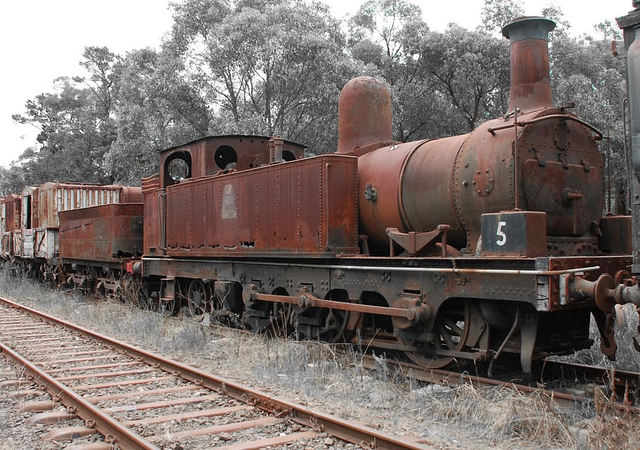 brown train, railway, rusty, old, vintage, abandoned, vehicle