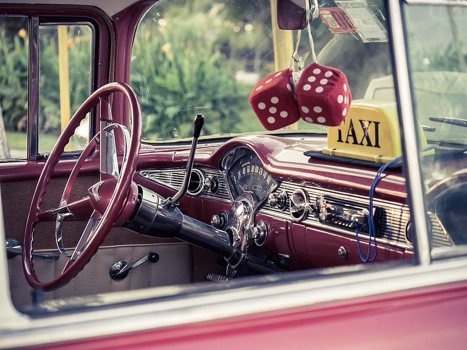 classic red and silver car interior, oldtimer, cuba, auto, havana