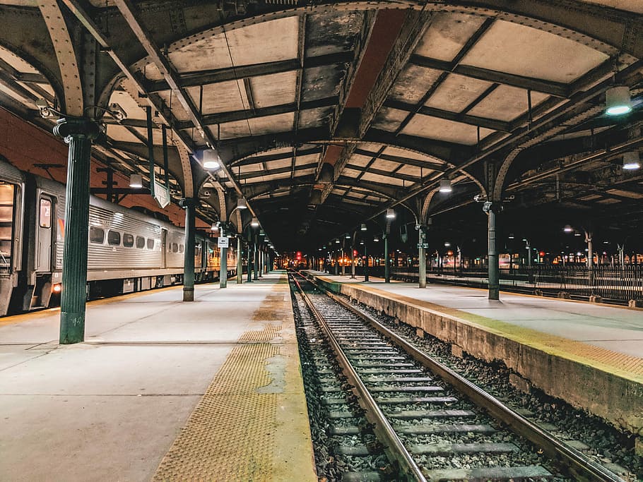 Conmute, high-saturated photography of train station, rail, track HD wallpaper