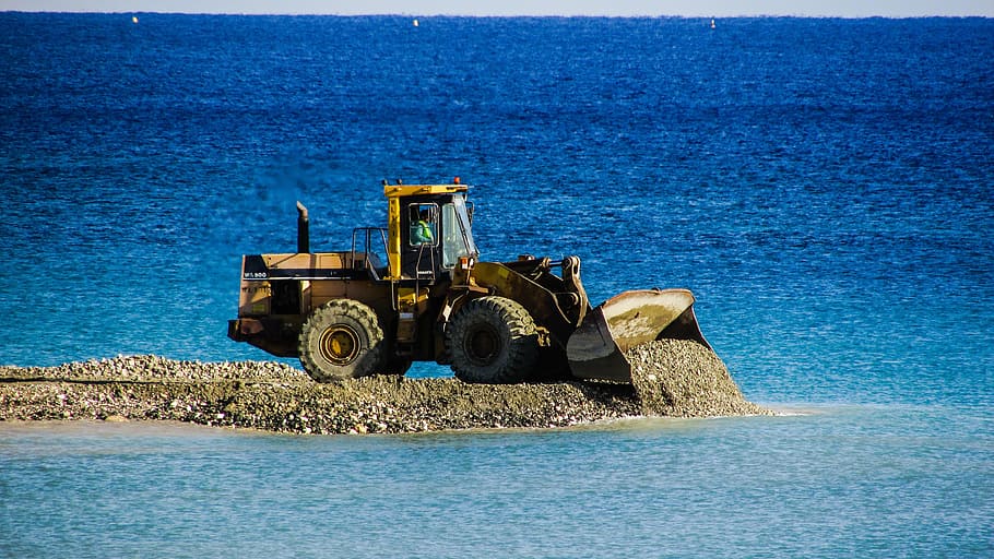 photo of yellow front-end loader near body of water, bulldozer, HD wallpaper