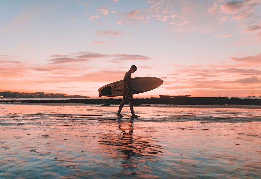 man holding surfboard walking near seashore, man carrying surfboard walking on seashore during golden hour HD wallpaper