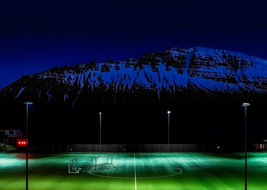 Night, Evening, Athletic Field, Nets, mountain, snow, winter HD wallpaper