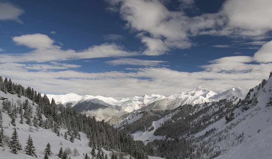 Mountains, Slopes, Clouds, sky, lone peak, alps, snow, landscape HD wallpaper