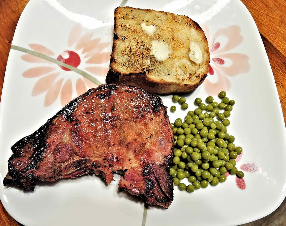 Bbq, Garlic Bread, Pork, Peas, bbq garlic bread, bbq pork, vegetable HD wallpaper