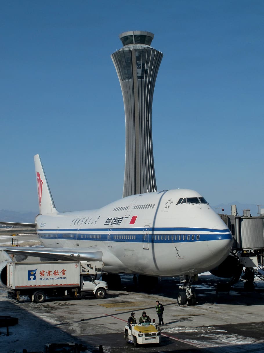 airport, boeing, 747, airliner, tower, air china, beijing, mode of transportation