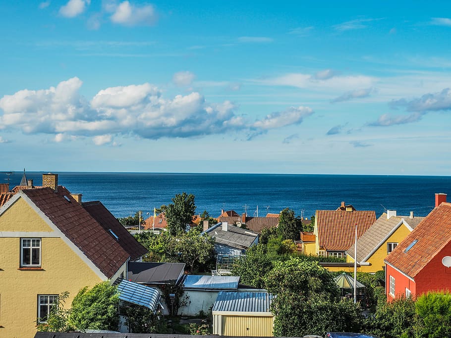 denmark, europe, bornholm, sea, roof tops, architecture, building exterior, HD wallpaper