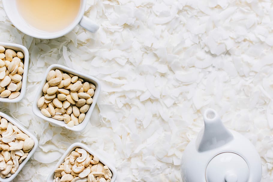 Nuts with tea on coconut flakes, almonds, teapot, food, cookie, HD wallpaper