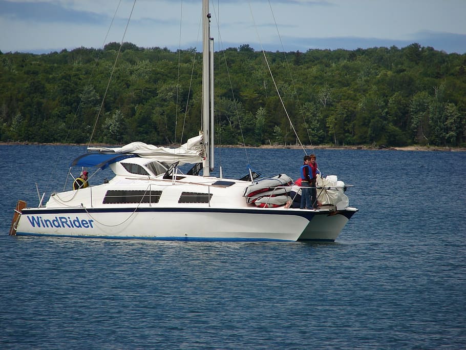 catamaran, sailboat, sailing, lake, vessel, water, yacht, nautical, HD wallpaper