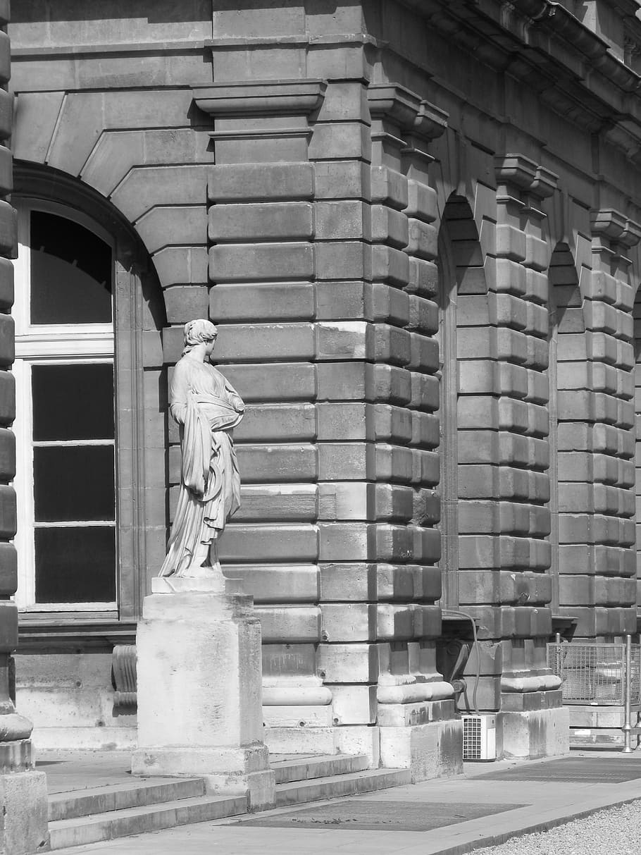 paris, statue, architecture, arches, sculpture, art, black and white HD wallpaper