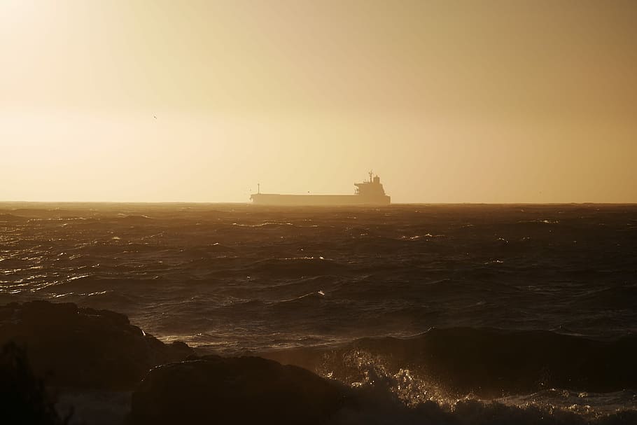 ship on sea, cargo ship in the middle of the sea, silhouette HD wallpaper