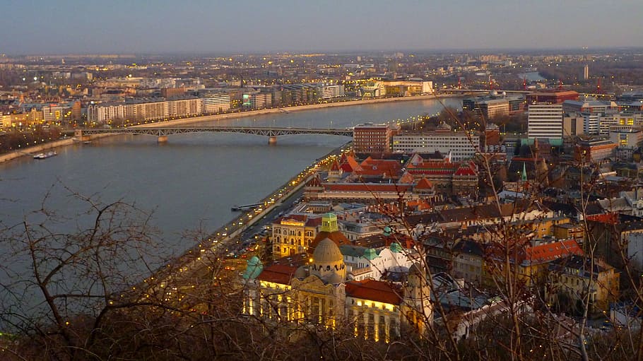 budapest, hungary, sunset, lights, danube, panorama, lamplight HD wallpaper