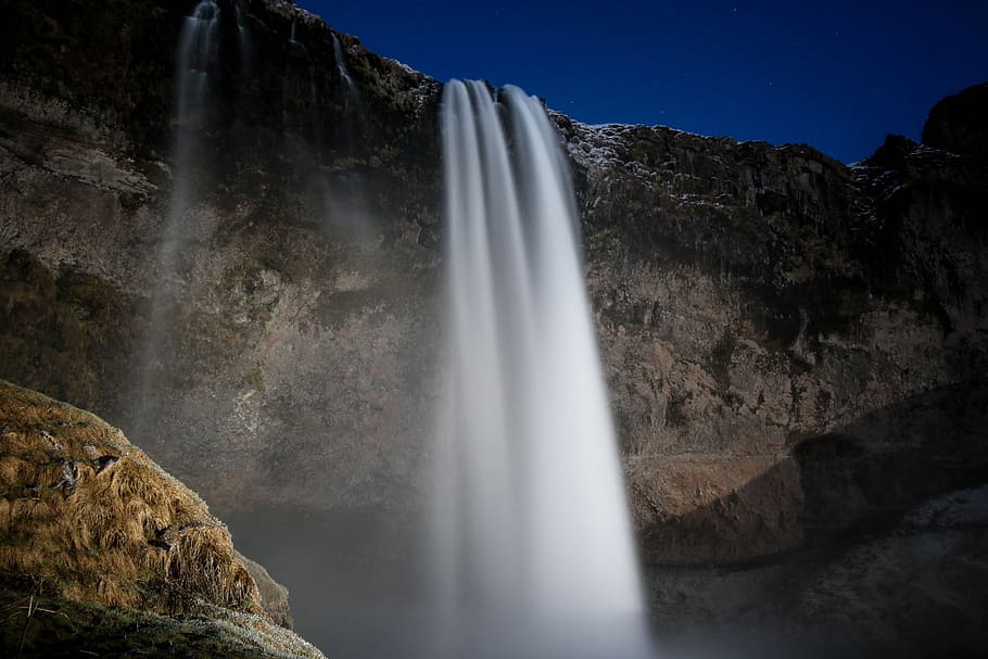 waterfalls, waterfalls inder indigo sky at nightime, water falls HD wallpaper